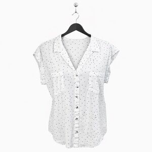 White Button-Up Blouse with Black Polka Dots - Size Large